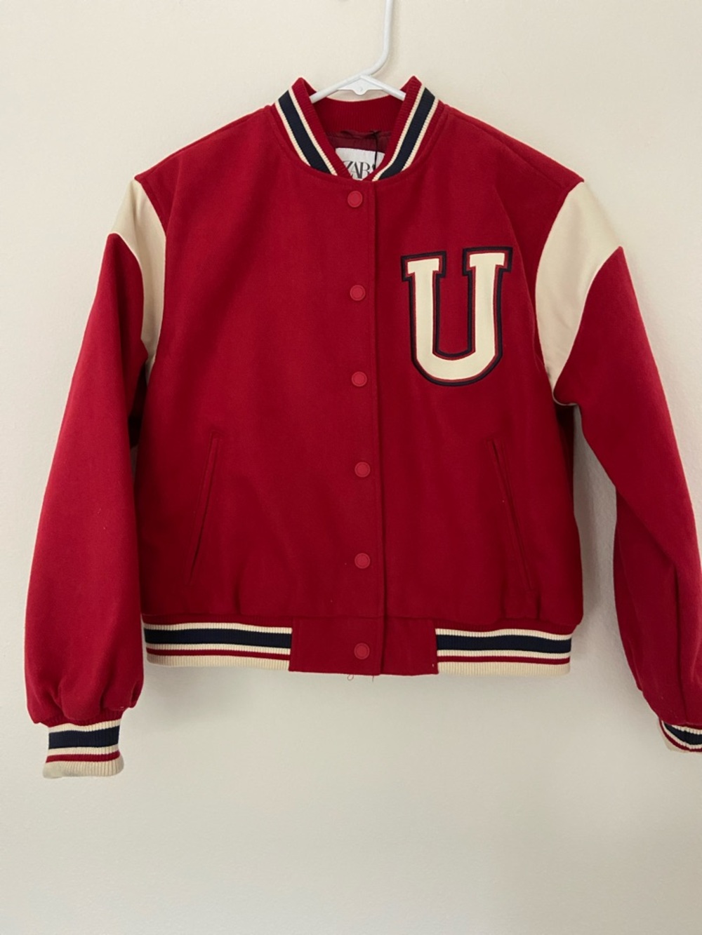 Zara Red & Cream Kids Varsity Jacket with 'U' Patch